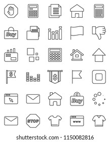 thin line vector icon set - calculator vector, flag, arrow up, dollar, document, equalizer, finger down, stop button, browser, home, loading, mail, house, buy, clothes