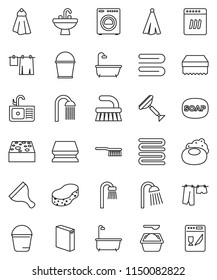 thin line vector icon set - soap vector, scraper, fetlock, bucket, sponge, towel, bath, drying clothes, washing powder, shower, sink, washer, dishwasher
