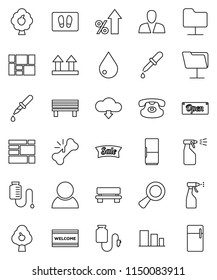 thin line vector icon set - water drop vector, welcome mat, sprayer, percent growth, consolidated cargo, top sign, sorting, classic phone, magnifier, dropper, broken bone, counter, network folder