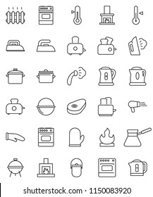 thin line vector icon set - iron vector, steaming, pan, camping cauldron, kettle, cook glove, turk coffee, toaster, oven, thermometer, bbq, steak, flammable, fireplace, heating, hair dryer