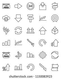 thin line vector icon set - graph vector, crisis, percent growth, dollar, target, arrow down, up, route, signpost, top sign, package, sorting, cloud exchange, refresh, redo, undo, 24 hour