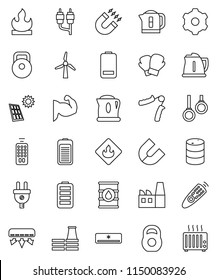 thin line vector icon set - kettle vector, magnet, weight, hand trainer, muscule, boxing glove, gymnast rings, flammable, oil barrel, remote control, battery, rca, gear, solar panel, windmill