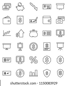 thin line vector icon set - presentation vector, dollar coin, graph, credit card, wallet, crisis, piggy bank, growth, check, receipt, board, medal, shield, monitor, percent