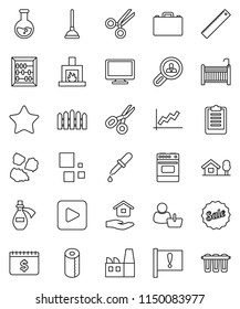 thin line vector icon set - plunger vector, house hold, toilet paper, garbage pile, oven, ruler, case, scissors, abacus, flask, graph, dollar calendar, clipboard, attention, monitor, favorites, crib