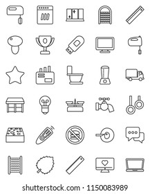 thin line vector icon set - sponge vector, water tap, toilet, washboard, shining window, mixer, mushroom, ruler, award cup, leaf, no fastfood, heart monitor, gymnast rings, delivery, remote control