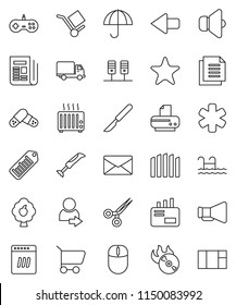 thin line vector icon set - delivery vector, document, cargo, umbrella, barcode, music hit, newspaper, speaker, loudspeaker, favorites, ambulance star, scissors, scalpel, pills, server, arrow, mail