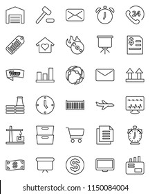 thin line vector icon set - alarm clock vector, presentation, archive, graph, cart, annual report, board, plane, phone 24, sea container, document, top sign, barcode, music hit, monitor, mail, barn
