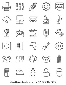 thin line vector icon set - iron vector, steaming, thermometer, microscope, support, package, satellitie, settings, remote control, classic phone, rec button, jack, diagnostic monitor, network, gear