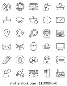 thin line vector icon set - pencil vector, world, laptop graph, map pin, satellite, antenna, speaking man, disconnection, cloud exchange, gear, equalizer, hub, redo, mail, stop, magnifier, unlock