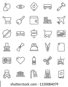 thin line vector icon set - cleaner trolley vector, clothespin, splotch, shower, woman, kettle, meat hammer, cutting board, grater, wallet, water bottle, signpost, plane, calendar, heart, eye, bench