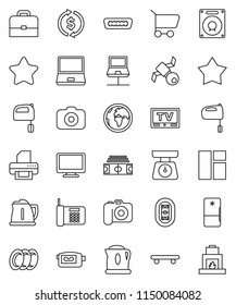thin line vector icon set - plates vector, kettle, scales, mixer, case, exchange, stadium, skateboard, earth, satellite, camera, tv, video, monitor, notebook pc, hdmi, network, star, cart, fridge
