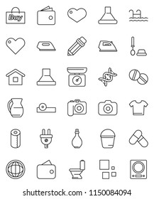 thin line vector icon set - bucket vector, iron, toilet, brush, paper, oil, jug, pencil, world, wallet, pills, camera, heart, dna, eye doctor hat, loading, pool, buy, home, clothes, power plug, hood