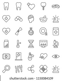 thin line vector icon set - thermometer vector, pills vial, molecule, heart cross, first aid kit, oxygen, pulse, flask, eye, magnifier, broken bone, sand clock, patch, bottle, mortar, microscope