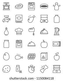 thin line vector icon set - oil vector, cook hat, apron, timer, press, mixer, microwave oven, double boiler, cookbook, plates, sieve, dish, jar, cereal, egg, potato, steak, chicken leg, apple fruit