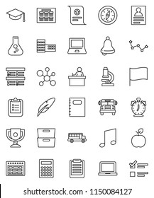 thin line vector icon set - copybook vector, graduate hat, pen, school building, student, apple fruit, microscope, bell, calculator, notebook pc, alarm clock, schedule, clipboard, compass, award cup