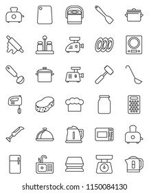 thin line vector icon set - sponge vector, sink, pan, kettle, scales, cook hat, spatula, ladle, rolling pin, meat hammer, cutting board, grater, toaster, spices, plates, dish, jar, fridge, mixer