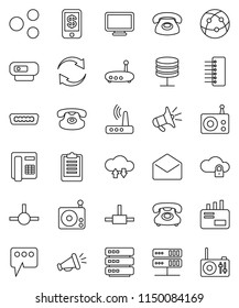 thin line vector icon set - clipboard vector, phone, radio, internet, classic, mail, hdmi, connect, network server, cloud lock, exchange, big data, hub, router, share, message, refresh, loudspeaker