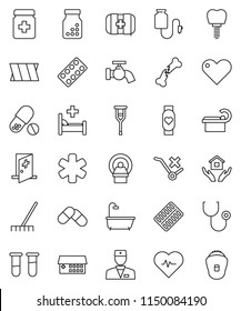 thin line vector icon set - rake vector, water tap, house hold, heart pulse, pills, monitor, first aid kit, no trolley, ambulance star, doctor, vial, crutches, broken bone, stethoscope, bottle, bath