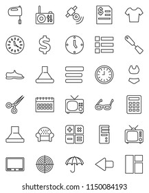thin line vector icon set - spatula vector, mixer, glasses, annual report, clock, calendar, dollar sign, snickers, swimsuite, t shirt, target, umbrella, satellitie, tv, scissors, menu, arrow, hood
