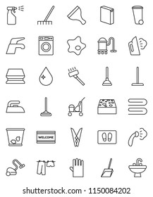 thin line vector icon set - plunger vector, scraper, cleaner trolley, water tap, vacuum, mop, scoop, rake, clothespin, sponge, towel, trash bin, drop, splotch, welcome mat, iron, steaming, washer
