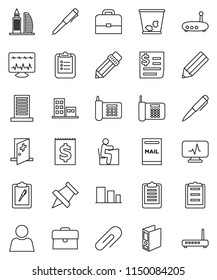 thin line vector icon set - trash bin vector, pencil, student, case, pen, clipboard, paper pin, binder, phone, receipt, sorting, diagnostic monitor, medical room, router, attachment, user, mailbox