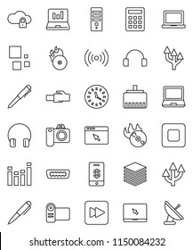 Thin Line Vector Icon Set - Pen Vector, Notebook Pc, Laptop Graph, Clock, Music Hit, Equalizer, Headphones, Stop Button, Forward, Hdmi, Cloud Lock, Big Data, Browser, Lan Connector, Loading, Tap Pay