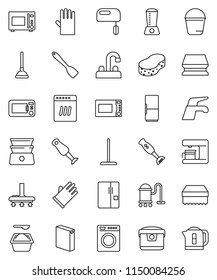 thin line vector icon set - plunger vector, water tap, vacuum cleaner, mop, bucket, sponge, washing powder, rubber glove, spatula, microwave oven, double boiler, blender, fridge, washer, dishwasher