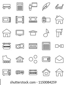 thin line vector icon set - welcome mat vector, microwave oven, pen, blackboard, glasses, calculator, music, cash, roller Skates, dry cargo, film frame, monitor, mail, share, home, bench, connection