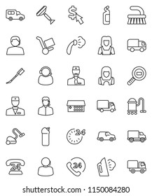 thin line vector icon set - scraper vector, vacuum cleaner, fetlock, car, steaming, cleaning agent, woman, dollar cursor, phone 24, support, delivery, cargo search, doctor, hospital building, hour