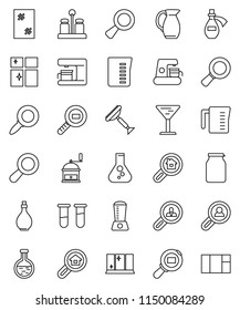 thin line vector icon set - scraper vector, window cleaning, shining, oil, measuring cup, hand mill, spices, jug, jar, magnifier, flask, glass, cargo search, vial, potion, estate, client, blender