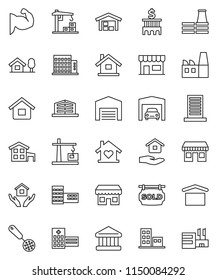 thin line vector icon set - house hold vector, skimmer, school building, bank, muscule hand, office, dry cargo, hospital, cottage, chalet, garage, barn, sold signboard, apartments, love home, store