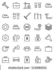 thin line vector icon set - scraper vector, rake, iron, steaming, student, case, money bag, horizontal bar, big scales, group, vial, data, gear, bench, construction crane, 24 hour, vacuum cleaner