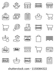 thin line vector icon set - house hold vector, cart, credit card, office, cargo search, sale signboard, rooms, sold, low price, shopping bag, market, store, buy, barcode, basket, list