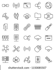 thin line vector icon set - molecule vector, satellite, satellitie, social media, rca, jack, connection, network, server, disconnection, folder, cloud exchange, browser, hub, upload, download, chain