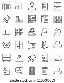 thin line vector icon set - trash bin vector, shining window, student, paper pin, archive, manager, binder, phone, receipt, clipboard, sorting, classic, thumbtack, diagnostic monitor, medical room