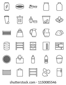 thin line vector icon set - bucket vector, trash bin, garbage pile, measuring cup, jug, sieve, jar, enegry drink, water bottle, sea container, port, consolidated cargo, package, oil barrel, shelving