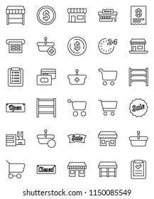 thin line vector icon set - dollar coin vector, cart, credit card, office, shelving, sale, open, closed, 24 hour, market, store, mall, receipt, basket, shopping list