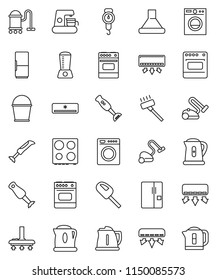 thin line vector icon set - vacuum cleaner vector, bucket, kettle, scales, oven, blender, air conditioner, fridge, washer, coffee maker, hood