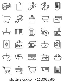 thin line vector icon set - dollar coin vector, cart, credit card, stack, receipt, estate document, search, new, shopping bag, buy, barcode, reader, basket, list