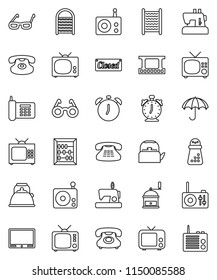 thin line vector icon set - washboard vector, kettle, hand mill, glasses, alarm clock, abacus, phone, umbrella, film frame, radio, tv, classic, closed, sewing machine