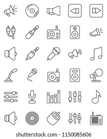 thin line vector icon set - music vector, disk, microphone, radio, speaker, loudspeaker, settings, equalizer, forward button, backward, rca, jack