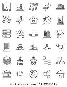 thin line vector icon set - molecule vector, bank, building, hierarchy, dna, chromosomes, ovule, connect, big data, plan, apartments, office, home