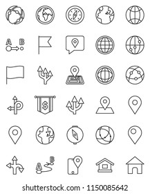 thin line vector icon set - compass vector, world, flag, dollar, route, navigator, earth, map pin, traking, internet, connection, globe, arrow, home
