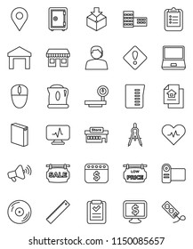 thin line vector icon set - washing powder vector, measuring cup, school building, ruler, drawing compass, clipboard, safe, dollar calendar, monitor, office, support, warehouse, package, big scales