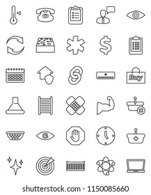 thin line vector icon set - sponge vector, shining, washboard, colander, thermometer, atom, clipboard, clock, dollar sign, muscule hand, calendar, sea container, speaking man, classic phone, eye