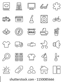 thin line vector icon set - grater vector, cookbook, thermometer, cereal, glasses, compass, magnifier, bike, t shirt, cinema clap, speaker, monitor, ambulance star, flask, amkbulance car, potion