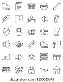 thin line vector icon set - plates vector, towel, pen, blackboard, ruler, constellation, exchange, graph, roller Skates, attention, glass, speaker, link, hospital bed, cloud, shield, hub, arrow, new
