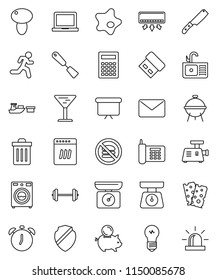 thin line vector icon set - trash bin vector, splotch, washer, sink, scales, spatula, knife, bbq, mushroom, calculator, notebook pc, alarm clock, piggy bank, presentation board, barbell, breads, run