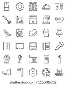 thin line vector icon set - bucket vector, sponge, washer, cleaning agent, measuring cup, skimmer, mixer, double boiler, dish, table lamp, punching bag, film spool, microphone, loudspeaker, vial, tv