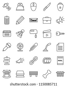 thin line vector icon set - sponge vector, plates, kettle, knife, pencil, document, case, shuttlecock, bone, signpost, cinema clap, microphone, satellitie, battery, thermometer, bench, chain, key